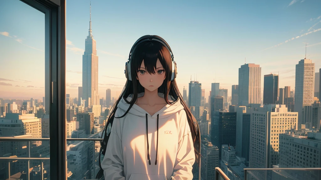 Absurd, Ultra-high resolution, (Official Art, beautifully、mysterious:1.2), Correct human body composition, Impressive eyes, Long, shiny black hair, Larger than average bust, Girl listening to music with headphones, Looking out the window, Lo-fi Girl,  and oversized hoodie, Makoto Shinkai and Artgelm, Anime atmosphere, Lofi art style, Anime style 8k, Anime Aesthetics, Lo-fi feeling, Anime Art Wallpapers 8K, An atmosphere of praise, City girl&#39;s room, City view from the window, Emotional cityscape, Bright Sky