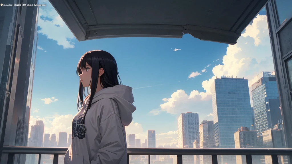 Absurd, Ultra-high resolution, (Official Art, beautifully、mysterious:1.2), Correct human body composition, Impressive eyes, Long, shiny black hair, Larger than average bust, Girl listening to music with headphones, Looking out the window, Lo-fi Girl, and oversized hoodie, Makoto Shinkai and Artgelm, Anime atmosphere, Lofi art style, Anime style 8k, Anime Aesthetics, Lo-fi feeling, Anime Art Wallpapers 8K, An atmosphere of praise, City girl's room, City view from the window, Emotional cityscape, Bright Sky