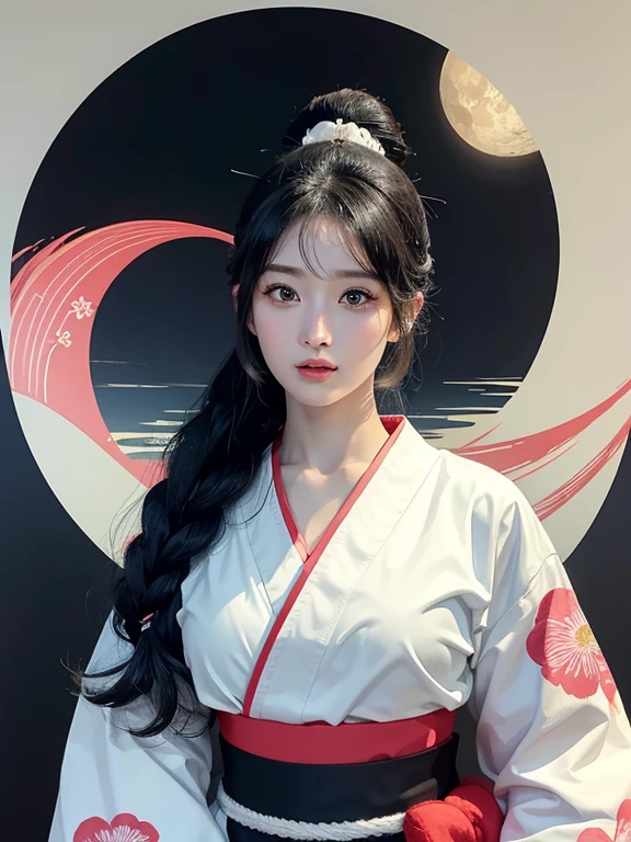 (Highest quality、masterpiece、High resolution、8K)、Vibrant colors、1 Japanese woman、Black hair Japanese topknot、whole body、Bon dance、着物は和装で白地に鮮やかなflower柄模様、Official Art、The background is Ukiyo-e style、White waves,Fuji Mountain,flower,moon,cloud,