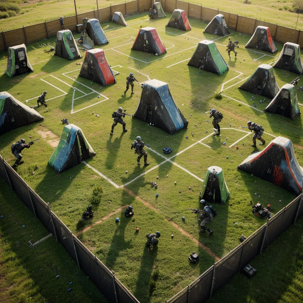 Aerial view of a paintball field, showing a 4 on 4 paintball match. From above, the view shows the intense competition between the black team and the gray team. The graphics are highly realistic and cinematic, the design elements are intricate, and the settings are incredibly detailed and intricate. The entire scene is displayed in 8k resolution.