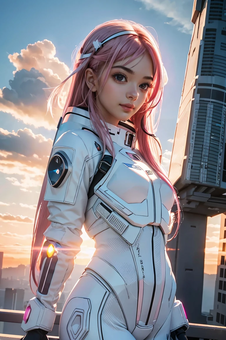 ((masterpiece, best quality, extremely detailed), volumetric lighting, ambient occlusion, colorful, glowing), 
1girl, solo, young girl, (pink hair), long hair, halo, aura, sacred, godness, cyber suit, (white outfit:1.3), android, bot, angel wings,
outdoors, sunset, sky, clouds, space, (cyberpunk theme:1.2),