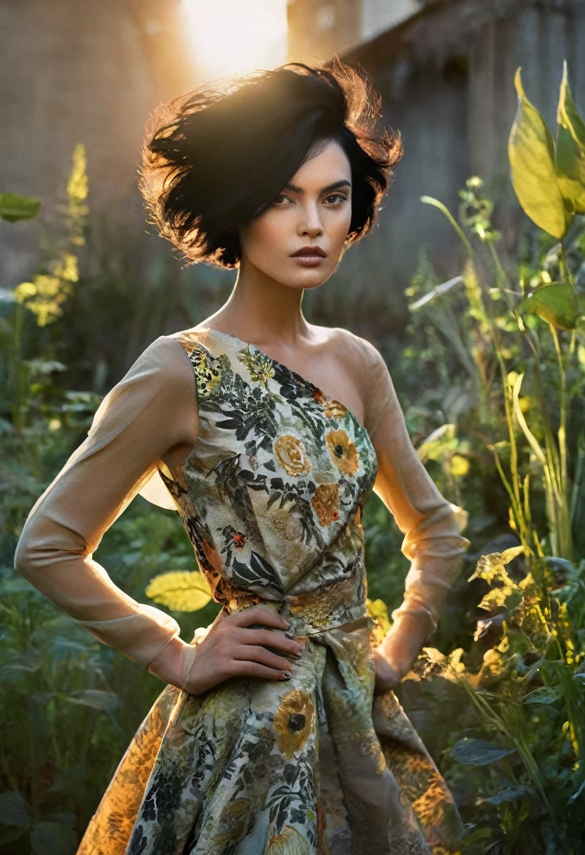 golden hour, garden, back lighting, fashion shoot, caucasian female with black hair, looking at the camera, dynamic pose, in the style of Vogue, Avant-garde Fashion page, warm lighting
