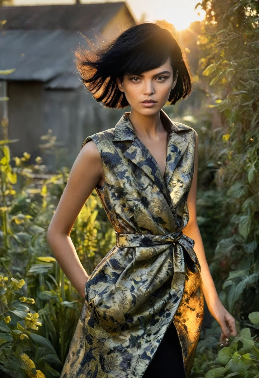 golden hour, garden, back lighting, fashion shoot, caucasian female with black hair, looking at the camera, dynamic pose, in the style of Vogue, Avant-garde Fashion page, warm lighting
