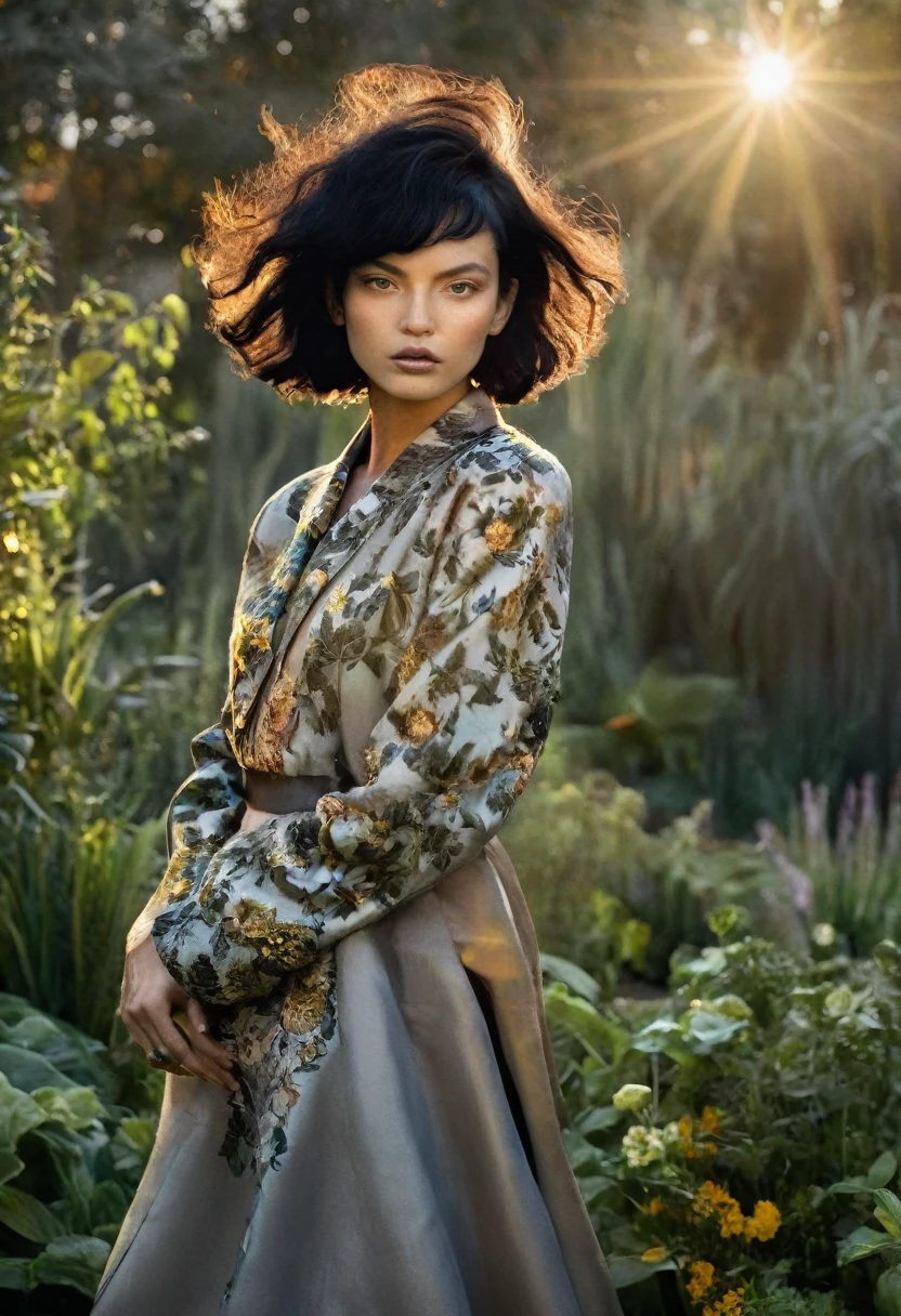 golden hour, garden, back lighting, fashion shoot, caucasian female with black hair, looking at the camera, dynamic pose, in the style of Vogue, Avant-garde Fashion page, warm lighting
