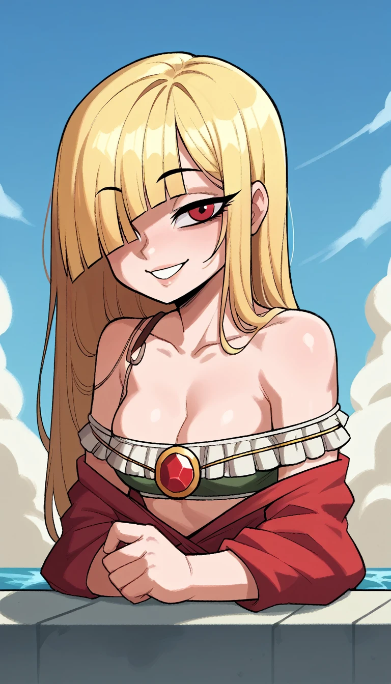 score_9, score_8_up, score_7_up, score_6_up, score_5_up, score_4_up, BREAK 1girl, blonde hair, loose hair, masterpiece, The best quality at its best, Super detailed, Absurd, solo, 耳Nipple Ring, gem, (Off-the-shoulder outfit:1.5),Cleavage, Upper body close-up,smile, String, Best, cloud, Sky Sky, Daisy, Sit, Sitting_upon_Rock Music, Volumetric Lighting, 最high quality, masterpiece, Intricate details, Tone Mapping, Sharp focus, Super detailed, Look at her, Great environment, Very detailed, high quality, summer, Bright sun, Pool, bikini, White ruffled swimsuit, swept bangs, red eyes, long blonde eyelashes, bent over, blunt bangs, short, BREAK solo, small breasts, skinny, arched back, thigh gap, tribal princess outfit, innocent, lovely, adorable, long hair, hair covering one eye,