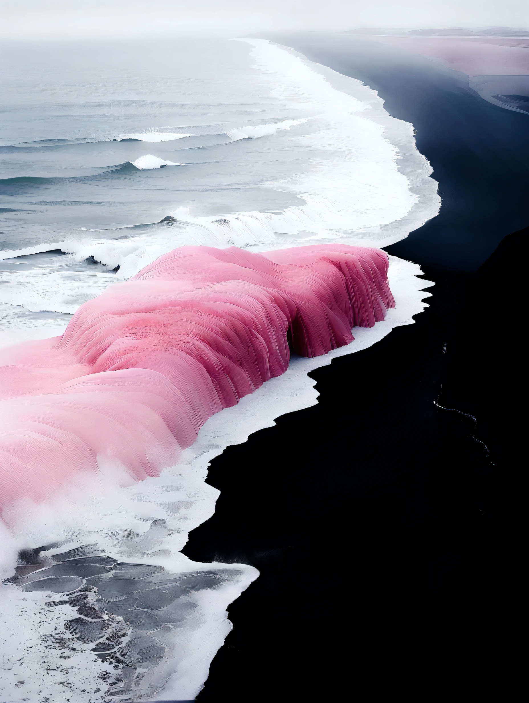 The pink waters of Alafed flow over the black sand beach, Overlooking the pink ocean, Purple, Black sand, tumblr, Pink Mist, Kurumida Masami, pink waterfalls, pink smoke, Pink water in a large bathtub, Stunning color photos, author：Ker-Xavier Roussel, Iceland, the most beautiful image ever seen, Enamiya Alena