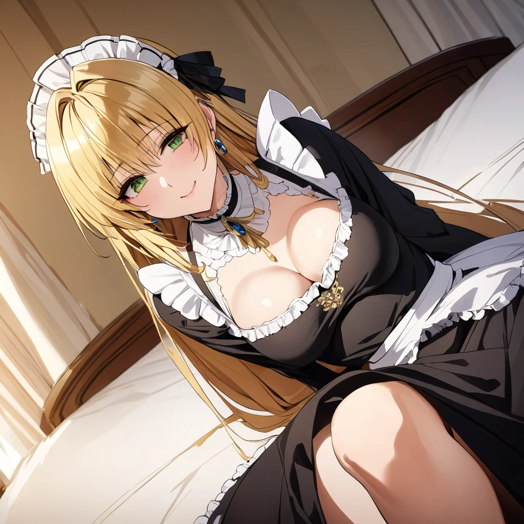 The luxurious and high-class Victorian maid outfit is evenly decorated with gorgeous gold embroidery and edging, and the blouse, apron, and headband also have gorgeous gold embroidery and edging.、((Highest quality)), ((masterpiece)), (detailed), (Perfect Face)、The woman is Tierre, with green eyes, medium-long blonde hair, a Victorian maid outfit and maid headband, jeweled earrings, and an engagement ring.、The woman is smiling fondly in a luxurious room、The Victorian maid uniform is a calm, old-fashioned type with long sleeves and a long skirt, decorated with luxurious gold embroidery and edging.、The woman is lying on the bed with her legs open, seducing and inviting sex.