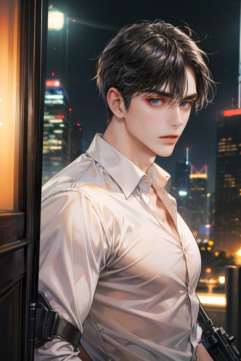 (absurdres, highres, ultra detailed, original character, HDR), 1 boy, solo, adult, handsome, ((tall muscular guy, broad shoulders)), finely detailed eyes, (black hair), hair between eyes, turquoise eyes, holographic, futuristic, casual and sexy outfit, gun holster, (body tight white shirt), ((large man breasts)), ((wearing an earring)), (portrait), dutch angle, face focused, british colonial scenery, dystopian hong kong city, skyscrapers, closed mouth, looking at viewer, depth of field, bokeh