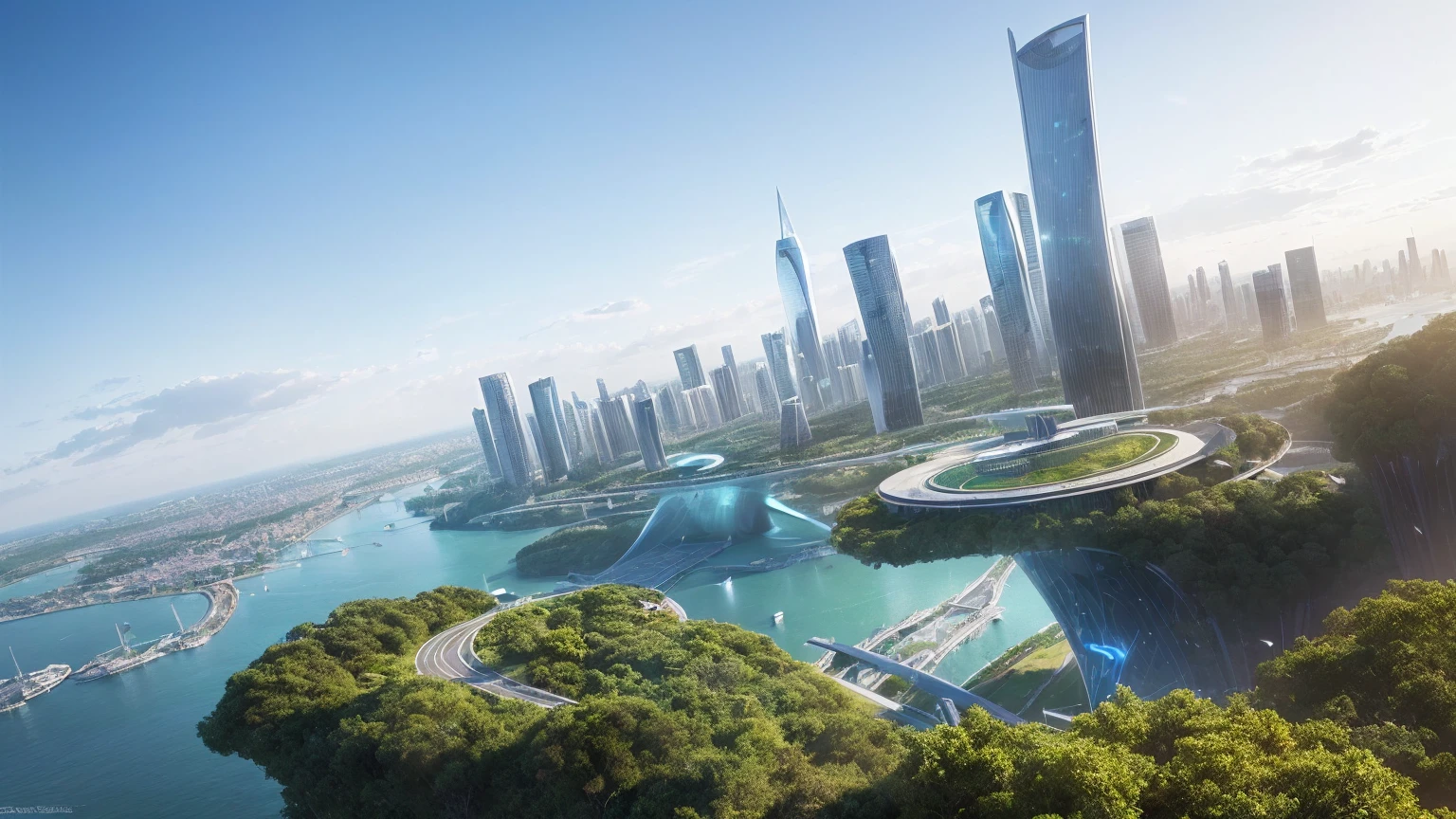 (Best quality,4K,8K,A high resolution,Masterpiece:1.2),Ultra-detailed,(Realistic,Photorealistic,photo-realistic:1.37),Futuristic floating city,Futuristic technology,Huge urban high-tech tablet platform,Airship,Floating in the sky,Futuristic city,Small airships around,High-tech hemispherical platform,Colorful lights,Advanced architecture,modernn architecture,skyscrapper,Access the cloud,Scenic beauty,view over city,Impressive design,Blend seamlessly with nature,energetic and vibrant atmosphere,Futuristic transportation system,Parking is suspended,Transparent path,Lush greenery,Sky gardens,cascading waterfalls,Magnificent skyline,reflections on the water,Sparkling river,Architectural innovation,futuristic skyscrapers,Transparent dome,The shape of the building is unusual,Elevated walkway,Impressive skyline,Glowing lights,Futuristic technology,Minimalist design,Scenic spots,Panoramic view,Cloud Piercing Tower,Vibrant colors,epic sunrise,epic sunset,Dazzling light display,magical ambiance,The future city,Urban Utopia,LuxuryLifestyle,Innovative energy,sustainable development,Smart city technology,Advanced infrastructure,Tranquil atmosphere,Nature and technology live in harmony,Awesome cityscape,Unprecedented urban planning,Architecture connects seamlessly with nature,High-tech metropolis,A cutting-edge engineering marvel,The future of urban living,Visionary architectural concept,Energy-efficient buildings,Harmony with the environment,A city floating above the clouds,Utopian dreams become reality,The possibilities are endless,State-of-the-art transportation network,Green energy integration,Innovative materials,Impressive holographic display,Advanced communication system,Breathtaking aerial view,Quiet and peaceful environment,Modernist aesthetics,Ethereal beauty