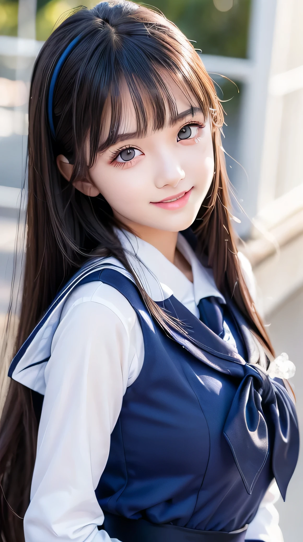 (Very beautiful cute girl), (very cute face:1.2),, (sparking crystal clear attractive large eyes), best looks, Beautiful detailed eyes, Detailed double eyelids, (smiling), (realistic photograph:1.2), long straight hair,(dark blue sailor high school uniforms:1.1)