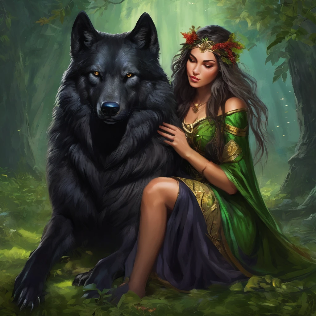 (Beautiful elf druid girl 1.3) hug a big black wolf (Background&#39;Extremely detailed Unity 8k CG display, head of&#39;artwork, best quality, ultra-detailed, beautiful, bright, detailed eyes:1.2), better lighting, (best shadow, an extremely delicate and beautiful, floraison, iridescent), head of&#39;artwork, best quality:1.1, realistic:1.3, Cinematic lighting:1.2, on a sunny cliff:1.5, ultra photorealistic, photorealistic:1.0, sharpness:1.1, depth of ﬁeld:1.1, 50mm, Hasselblad X1D II, Door 160