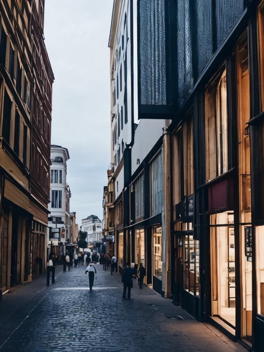 a boy，Walking in the commercial street，Looking sideways at the phone on the big screen，Medium shot