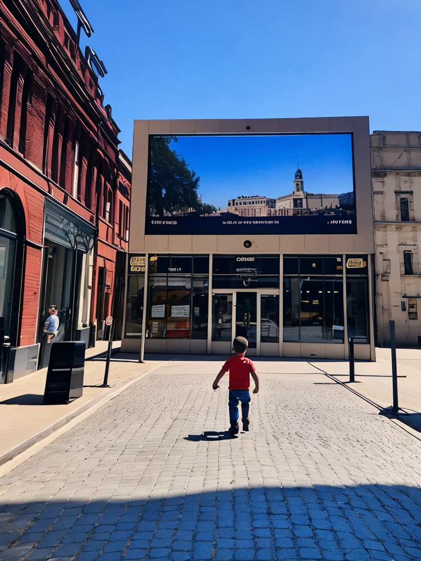 a boy，Walking in the commercial street，Looking sideways at the phone on the big screen，Medium shot