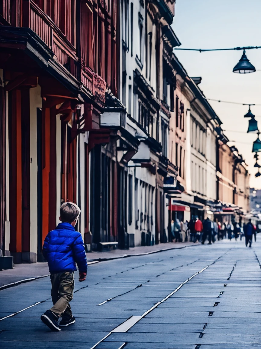 a boy，Walking in the commercial street，Looking sideways at the phone on the big screen，Medium shot