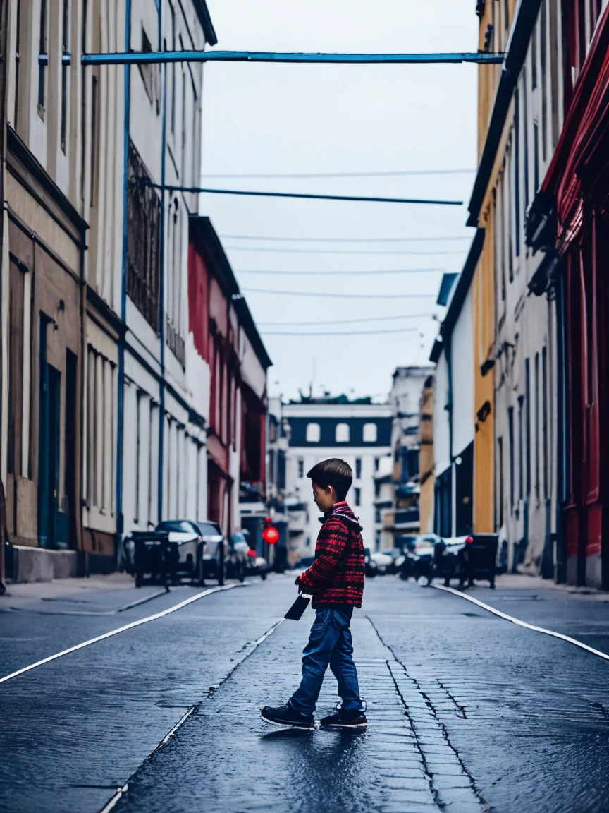 a boy，Walking in the commercial street，Looking sideways at the phone on the big screen，Medium shot