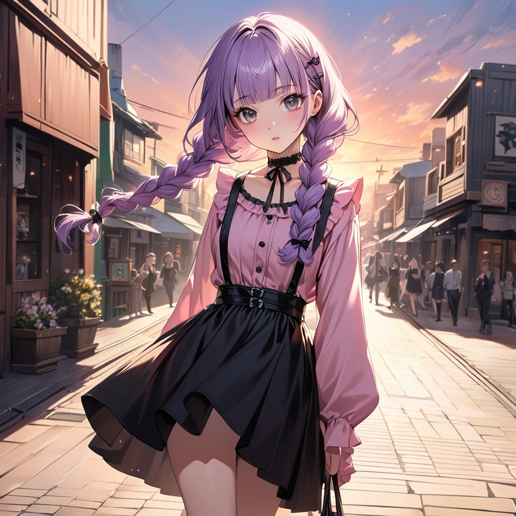  (Cute a girl:1.5), (a chibi girl with closs hair pin, pale purple hair, wavy two braids, blunt bangs hair, green and black eyes, closs hair pin,
pink shirt,cosplay, jirai kei, bangs, black skirt, black bow, looking at viewer, bow, long sleeves, choker, ribbon,portrait shot portrait:1.4), anime visual, (tilt head:1.3), realistic lighting and shading, (an extremely delicate and beautiful art:1.3),A girl walking alongside a green and cream painted tramway, pulling a carrier, sunset,