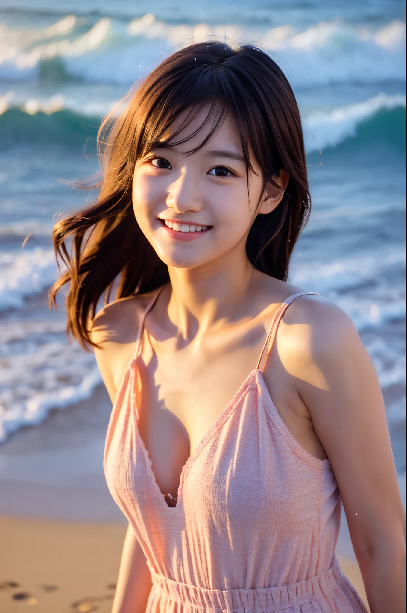 A very cute face like an idol、Looks like a young face、20-year-old female、Gentle and cute、A kind smile、Cleavage、one piece、Walking on the beach at sunset、Natural light、whole body、SLR、Film Camera、RAW Photos、Genuine、live-action、(Artistry)、Artistic Expression、Real Stick、High resolution、masterpiece