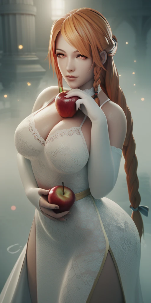 score_9, score_8_up, score_7_up, score_6_up, uncensored, orange hair, fold, braid, long hair, orange eyes, curvy, fruit, 1girl, apple, holding_apple, solo, dress, looking_at_viewer, white_dress, bare_shoulders, cleavage, choker, elbow_gloves, bokeh, large_breasts, water drop, reflective, (fog:1.3), fireflies, 