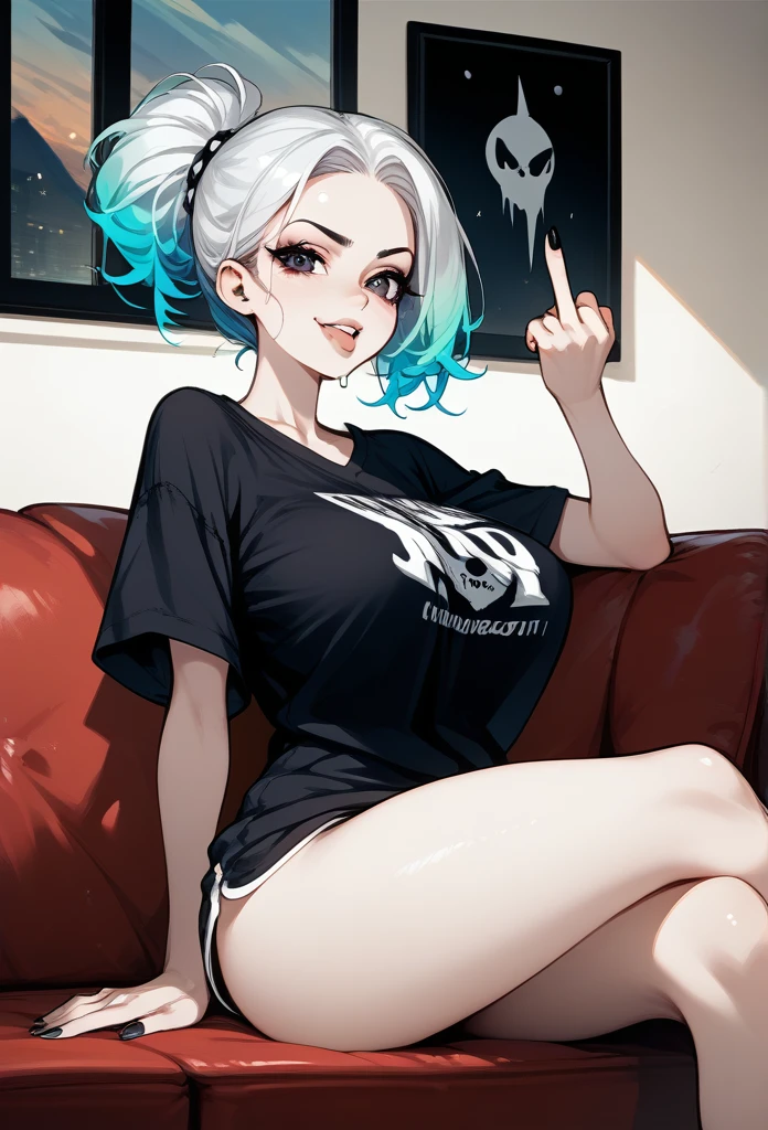 mature woman, (mature face, hot face), nasty expression, raven hairstyle, (white hair color, black gradient hair color), (sharp eyes), black pupils, glossy lips, voluptuous body, big breasts, big ass, casual clothes, oversized t-shirt, hot pants, sitting on sofa, living room, side view, tongue out, drooling, middle finger