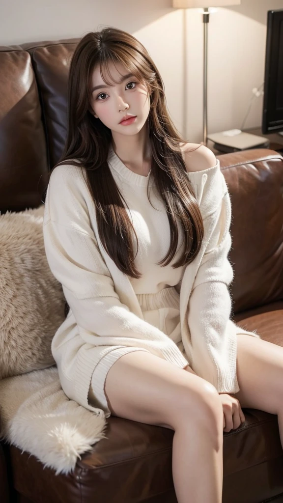 A girl sitting on a couch,Brown hair,High nose bridge,big eyes,Sexy and charming