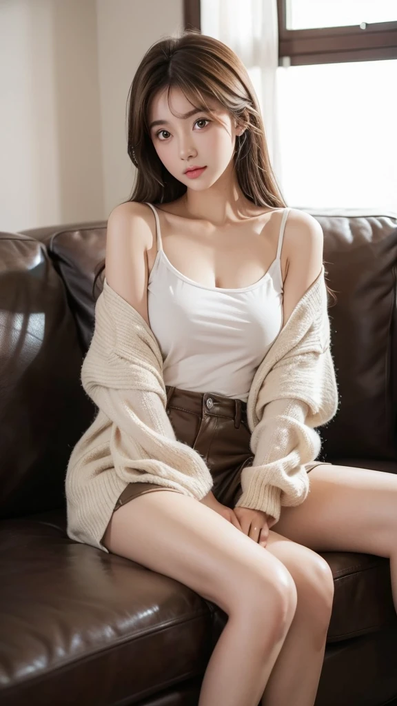 A girl sitting on a couch，Brown hair，High nose bridge，big eyes，Sexy and charming