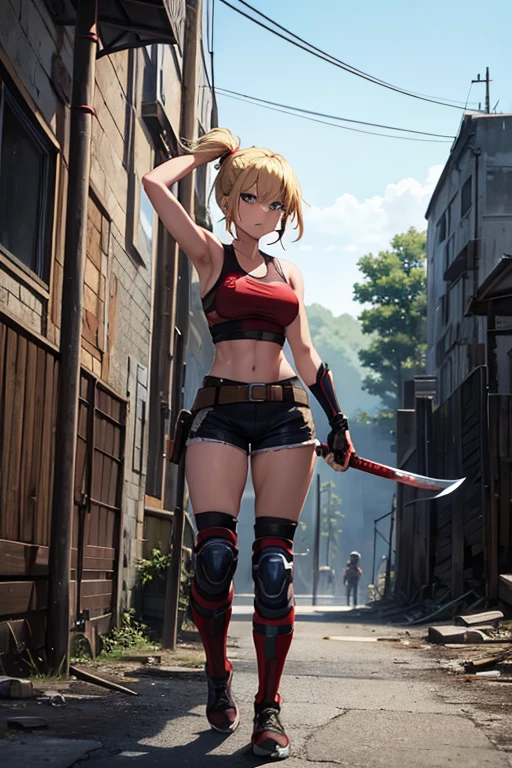 Anime Art、Full body portrait、Warriors of Post-apocalyptic fiction、A wilderness surrounded by ruins、A violent, dark-skinned woman, around 165cm tall, around 27 years old, wearing a red tank top and black shorts, brandishing a curved sword in her hand.、Laughing with mouth open、Her hairstyle is a medium ponytail that reaches her shoulders.、Blonde、Blue Eyes、sports boots、Wearing elbow and knee protectors and a chest protector、Cheek is injured and bleeding