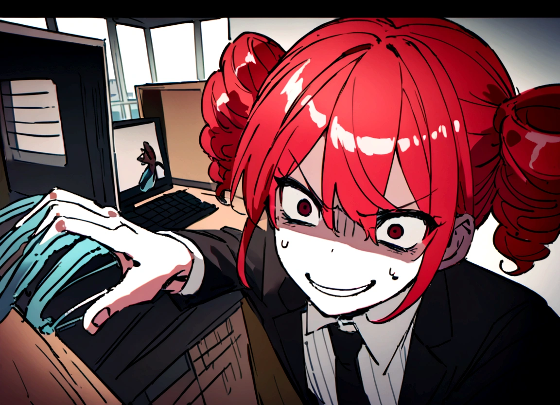 Red hair、Black suit、punch、Scary smile、office、Daytime、Destroying a computer with your handomentum