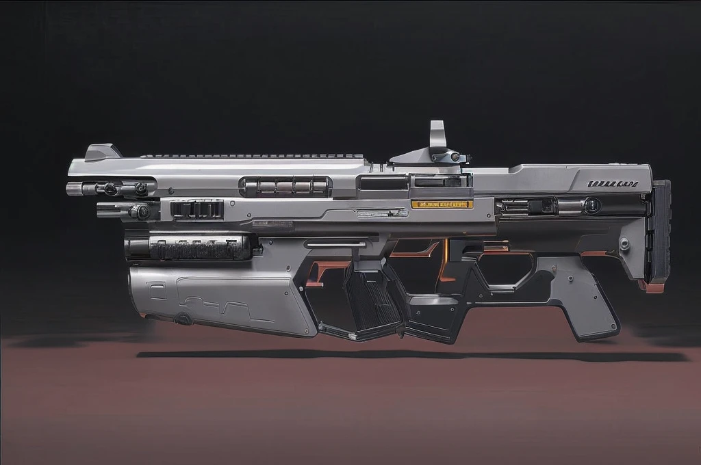 (masterpiece, top quality, best quality, official art, beautiful and aesthetic:1.2),(8k, best quality, no humans,( black background:1.3), gradient, gradient background, weapon, vehicle focus,grey design, Science fiction, gun,bullpup design, 