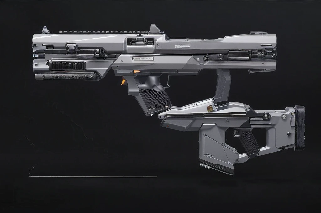 (masterpiece, top quality, best quality, official art, beautiful and aesthetic:1.2),(8k, best quality, no humans,( black background:1.3), gradient, gradient background, weapon, vehicle focus,grey design, Science fiction, gun,bullpup design,