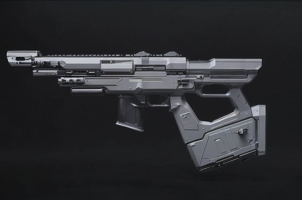 (masterpiece, top quality, best quality, official art, beautiful and aesthetic:1.2),(8k, best quality, no humans,( black background:1.3), gradient, gradient background, weapon, vehicle focus,grey design, Science fiction, gun,bullpup design,