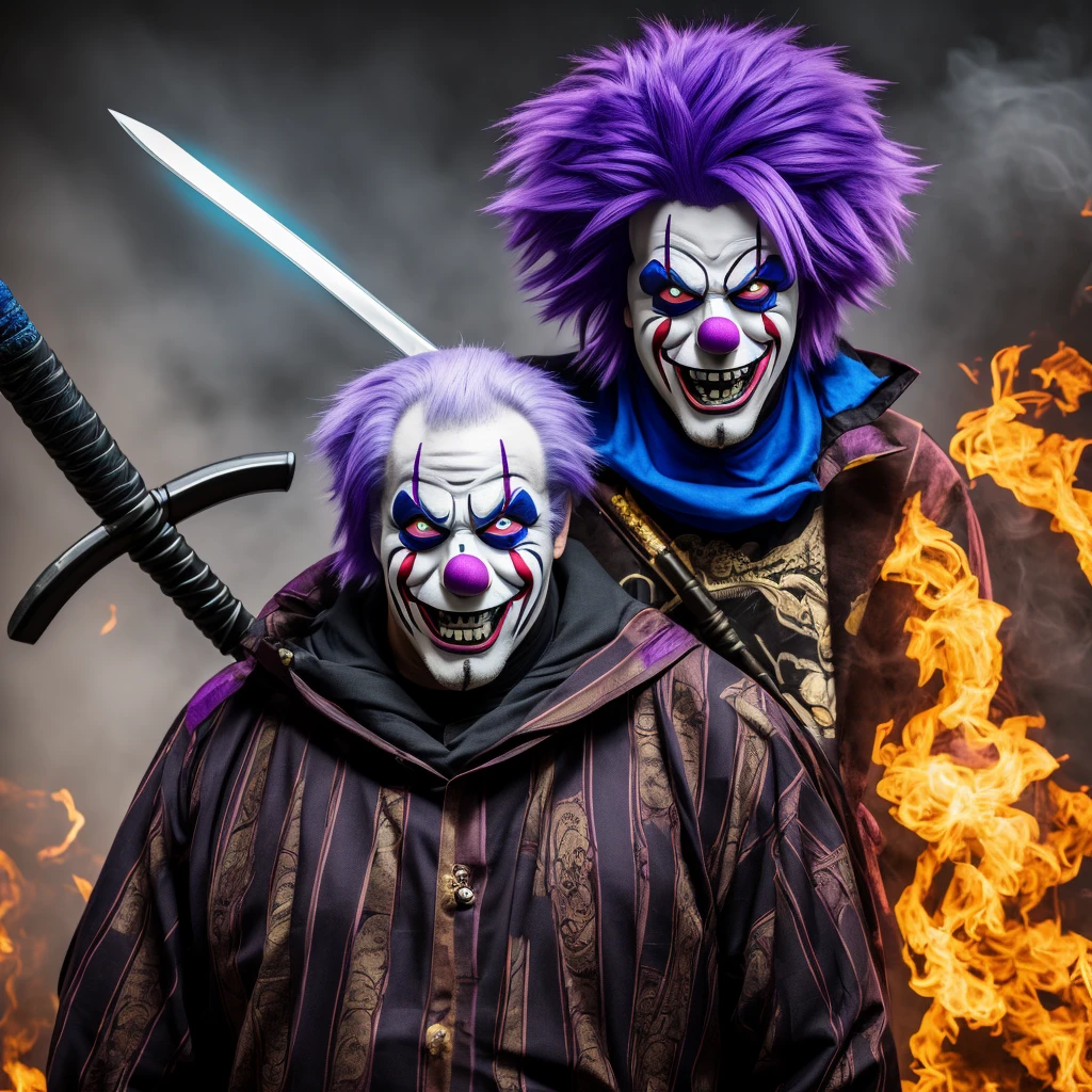 man with purple hair clown mask, scary smile, fat, katana weapon on his back, blue eyes, smoking body