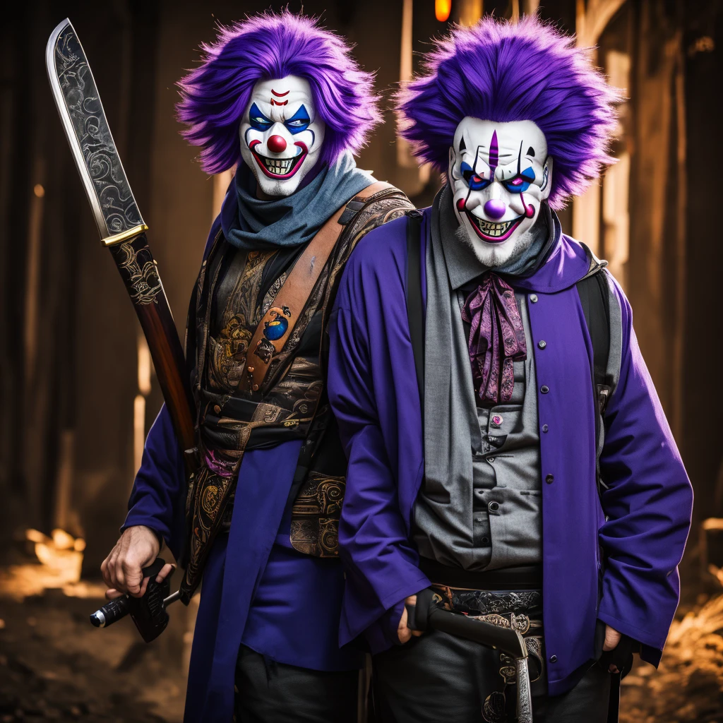 man with purple hair clown mask, scary smile, fat, katana weapon on his back, blue eyes, smoking body