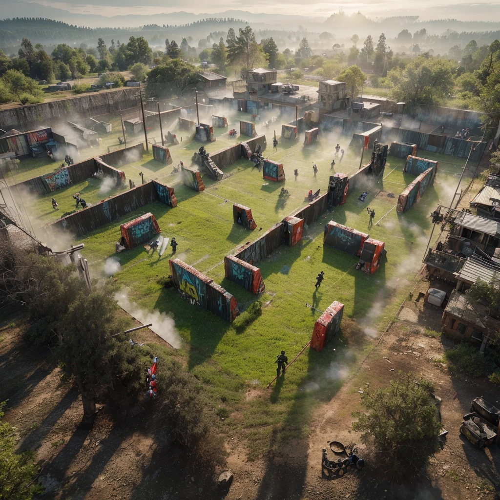 Aerial view of a paintball field, showing a 4 on 4 paintball match. From above, the view shows the intense competition between the black team and the gray team. The graphics are highly realistic and cinematic, the design elements are intricate, and the settings are incredibly detailed and intricate. The entire scene is displayed in 8k resolution.