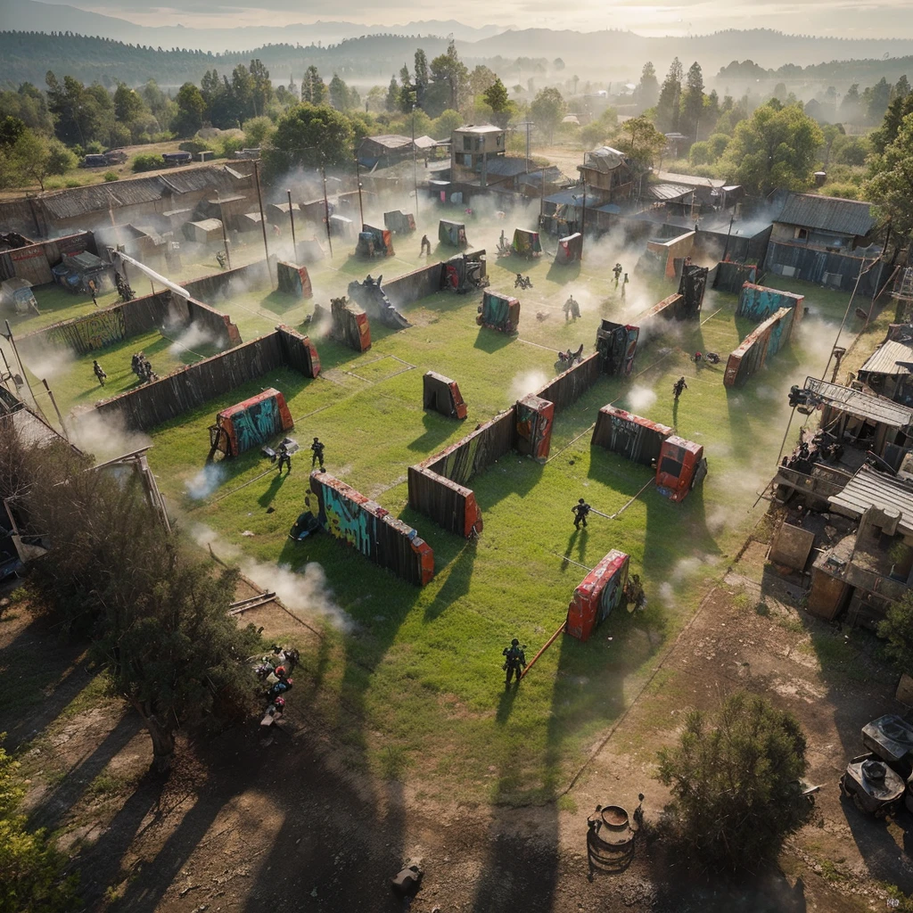 Aerial view of a paintball field, showing a 4 on 4 paintball match. From above, the view shows the intense competition between the black team and the gray team. The graphics are highly realistic and cinematic, the design elements are intricate, and the settings are incredibly detailed and intricate. The entire scene is displayed in 8k resolution.