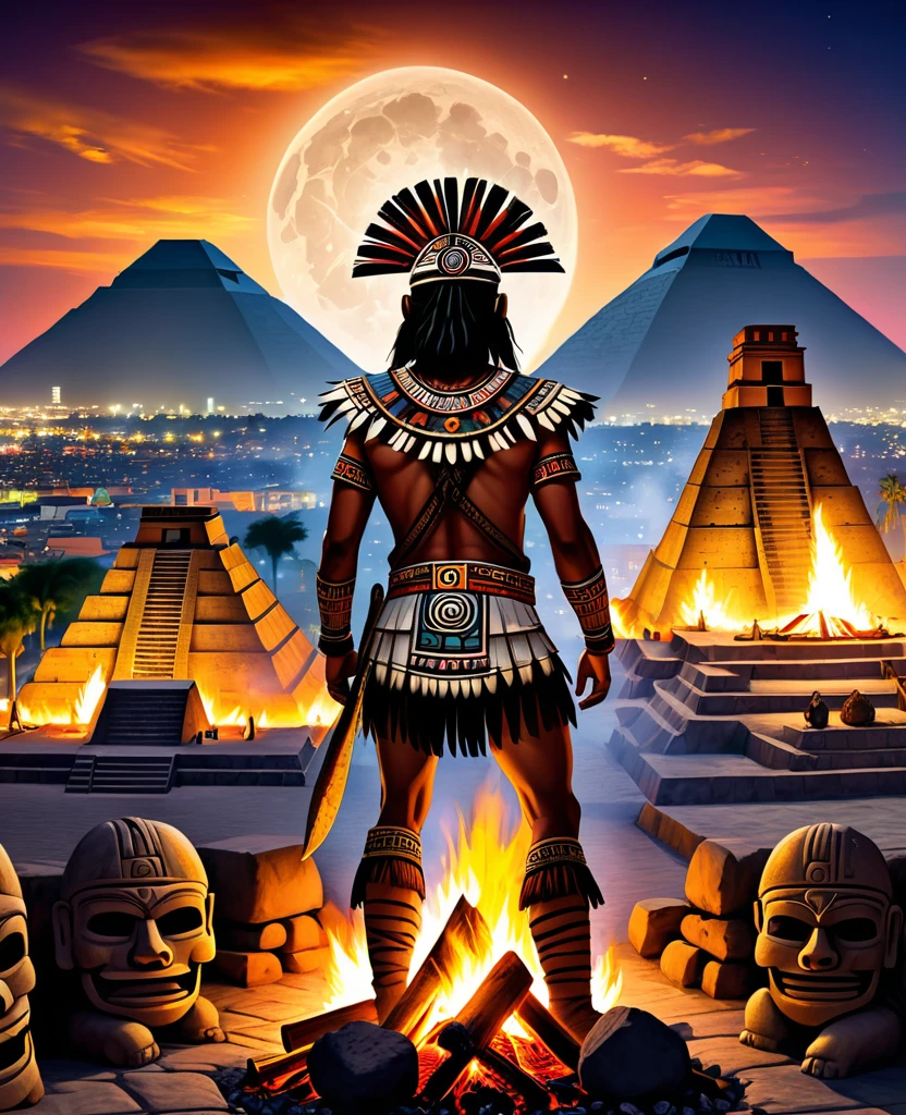 An Aztec warrior posing with his back standing next to a bonfire, panoramic view of the city of Tenochtitlan with the Pyramid of the Sun in the background, invaded by ghosts and specters, night with a full moon.