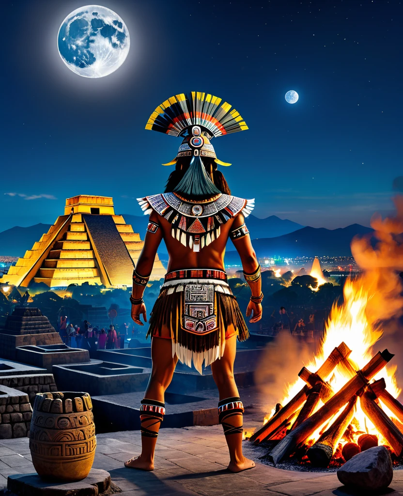 An Aztec warrior posing with his back standing next to a bonfire, panoramic view of the city of Tenochtitlan with the Pyramid of the Sun in the background, invaded by ghosts and specters, night with a full moon.