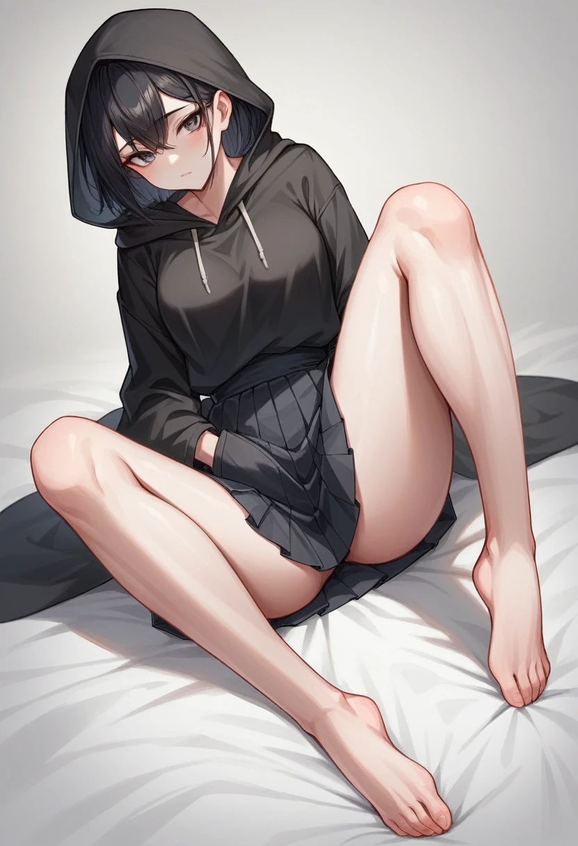 A girl with long black hair is sitting on the bed　Wearing a hood　He wears a black hoodie underneath his beautiful black ninja kimono.　She is wearing a black pleated skirt　White skin　tall　With bangs　Beautiful face　Thin legs　Smooth, long, straight hair　Long and narrow face　With waistline　Keeping your left hand in your pocket　Anime Style