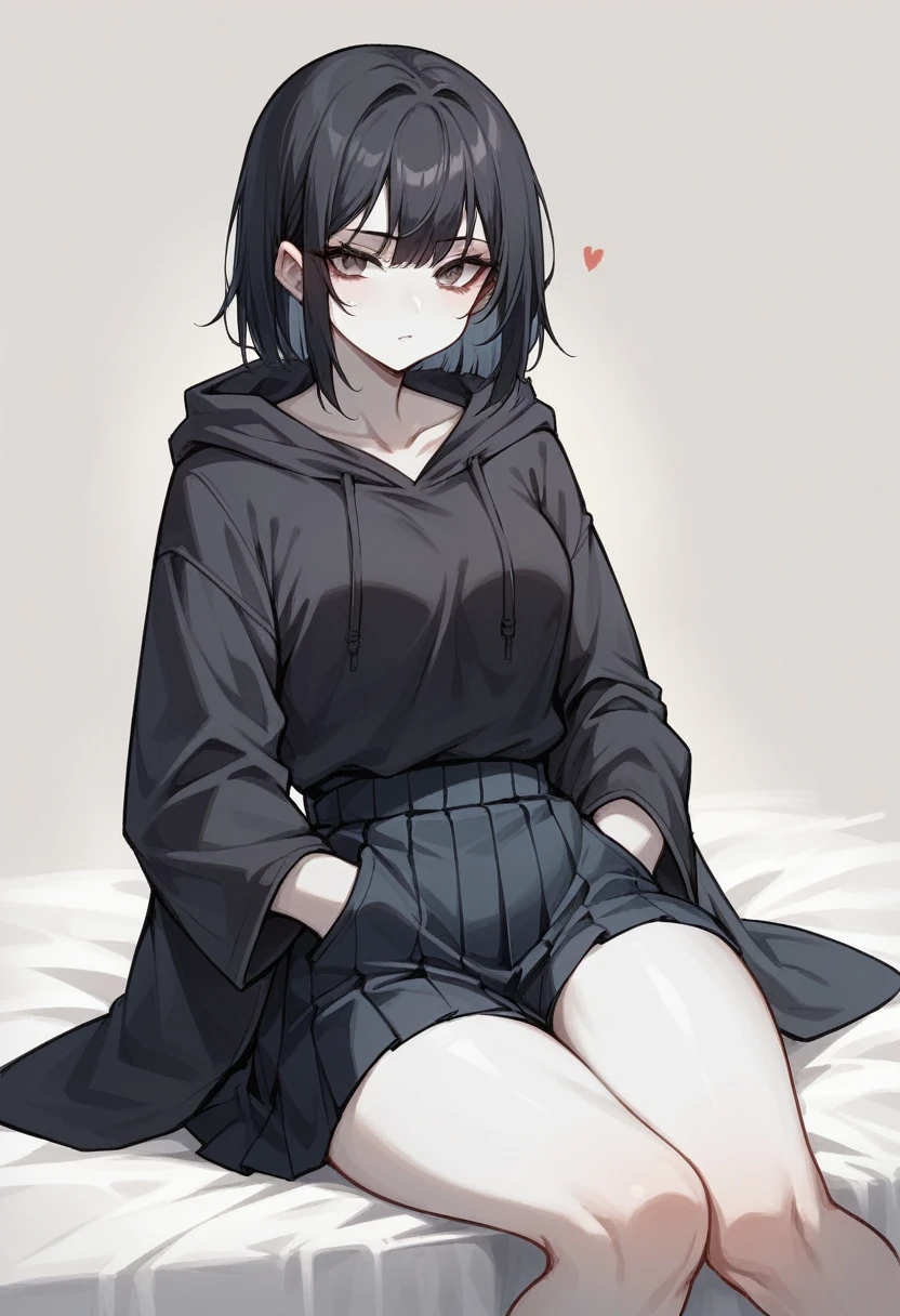 A girl with long black hair is sitting on the bed Wearing a hood He wears a black hoodie underneath his beautiful black ninja kimono. Red eyes She is wearing a black pleated skirt White skin tall With bangs Beautiful face Thin legs Smooth, long, straight hair Long and narrow face With waistline Keeping your left hand in your pocket Anime Style