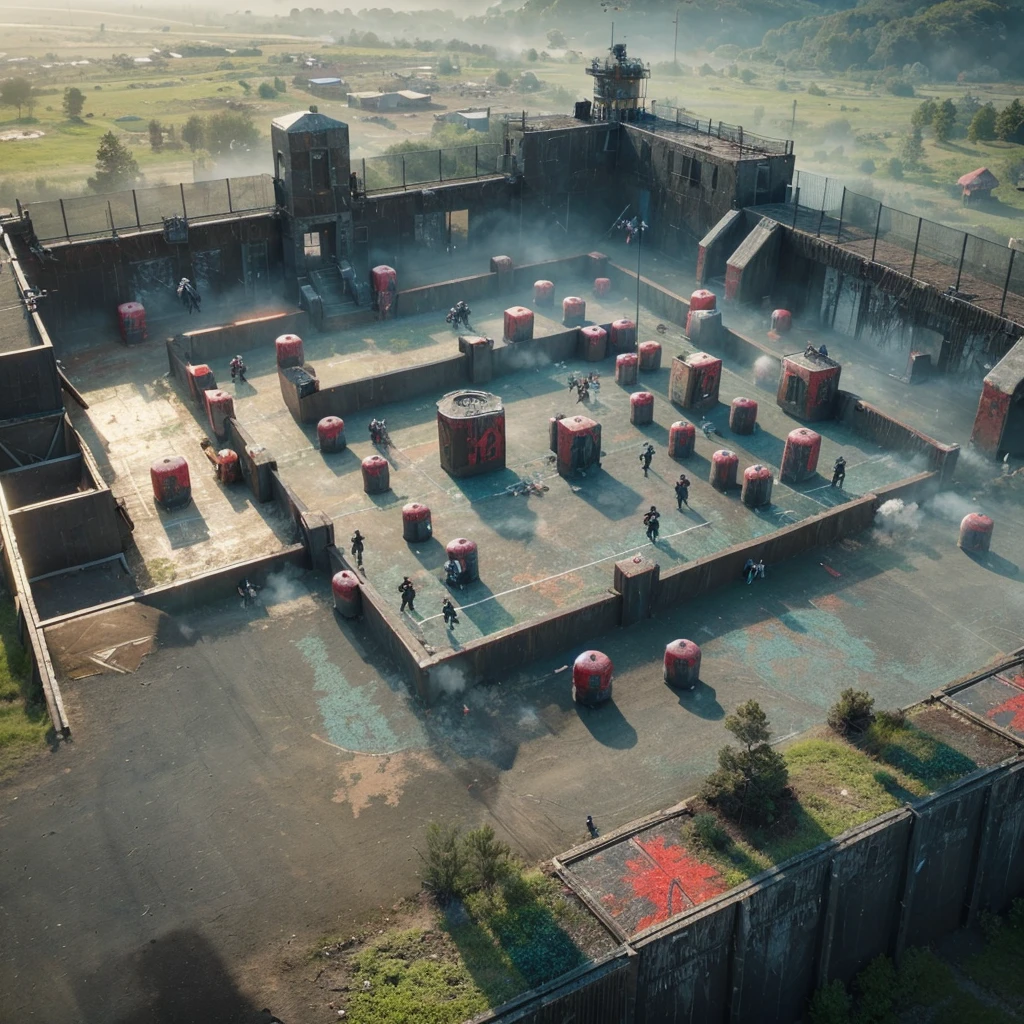Aerial view of a paintball field, showing a 4 on 4 paintball match. From above, the view shows the intense competition between the black team and the gray team. The graphics are highly realistic and cinematic, the design elements are intricate, and the settings are incredibly detailed and intricate. The entire scene is displayed in 8k resolution.