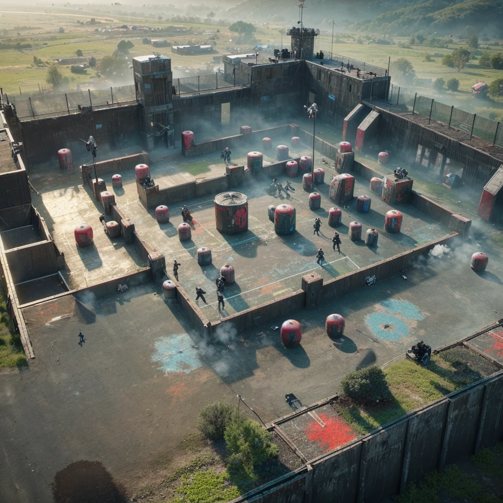 Aerial view of a paintball field, showing a 4 on 4 paintball match. From above, the view shows the intense competition between the black team and the gray team. The graphics are highly realistic and cinematic, the design elements are intricate, and the settings are incredibly detailed and intricate. The entire scene is displayed in 8k resolution.