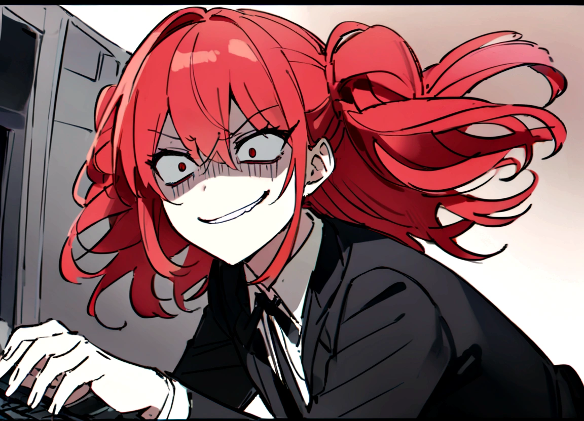 Red hair、Black suit、punch、Scary smile、office、Daytime、Destroying a computer with your hands