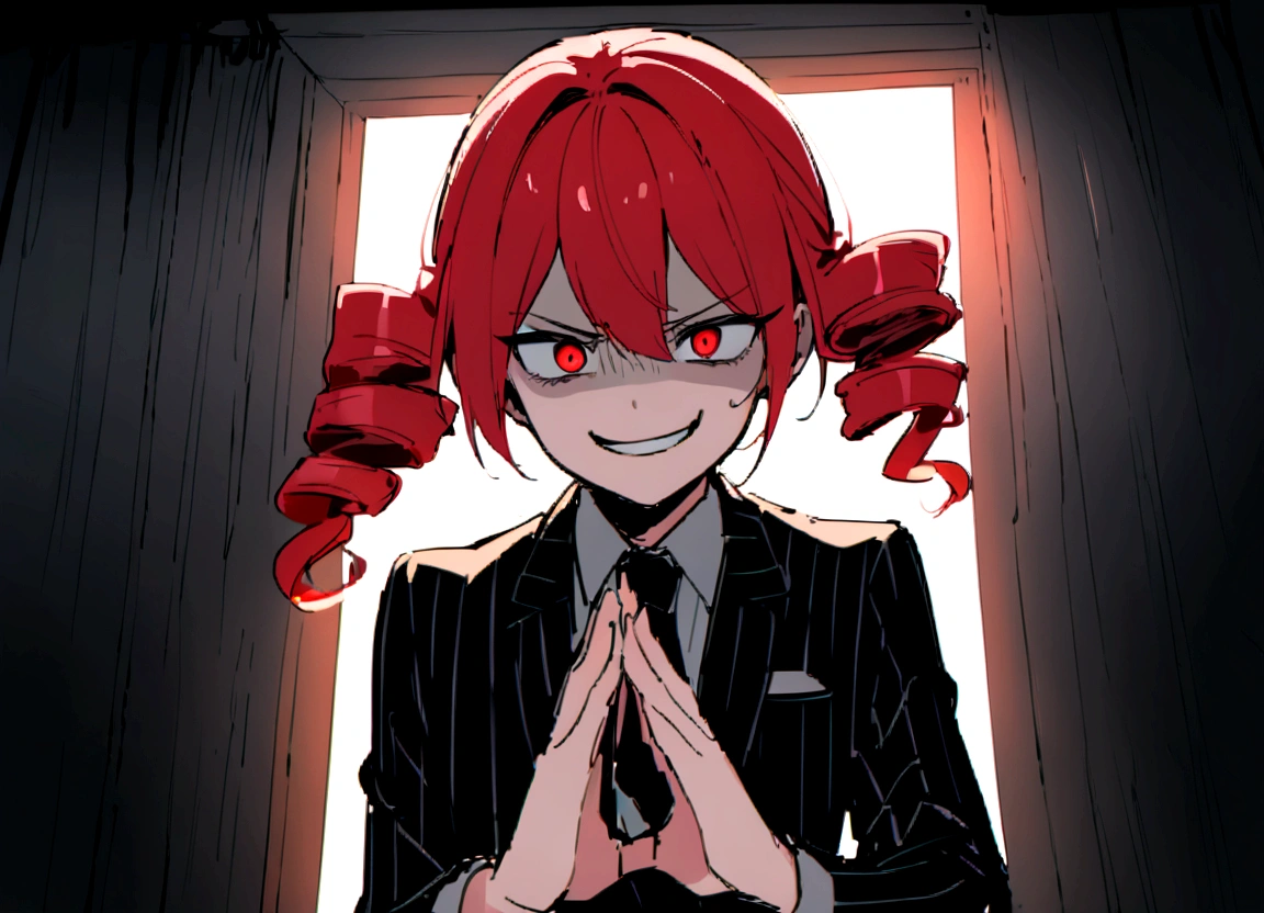 Red hair、Black suit、punch、Scary smile、office、Daytime、Destroying a computer with your hands