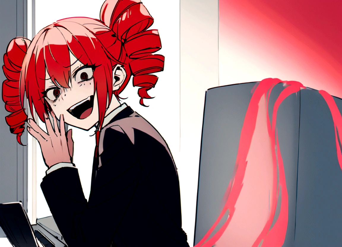 Red hair、Black suit、punch、Scary smile、office、Daytime、Destroying a computer with your hands