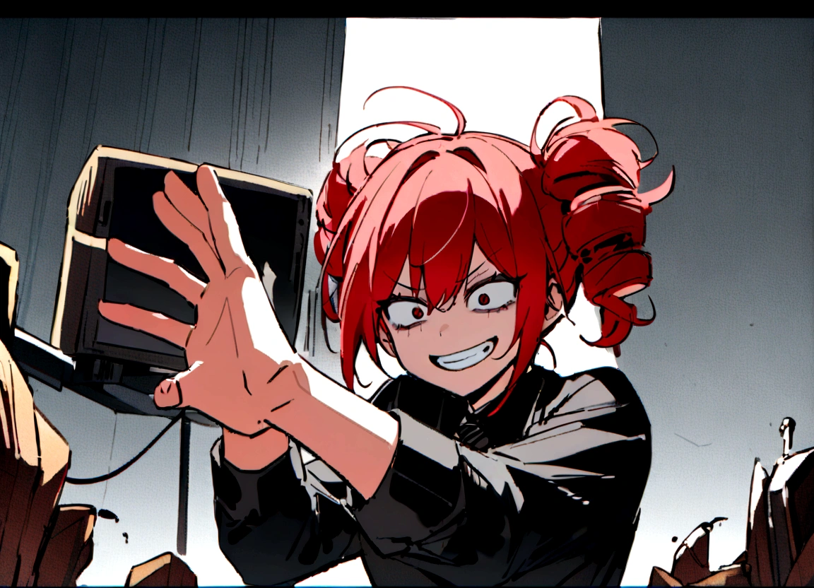 Red hair、Black suit、punch、Scary smile、office、Daytime、Destroying a computer with your hands