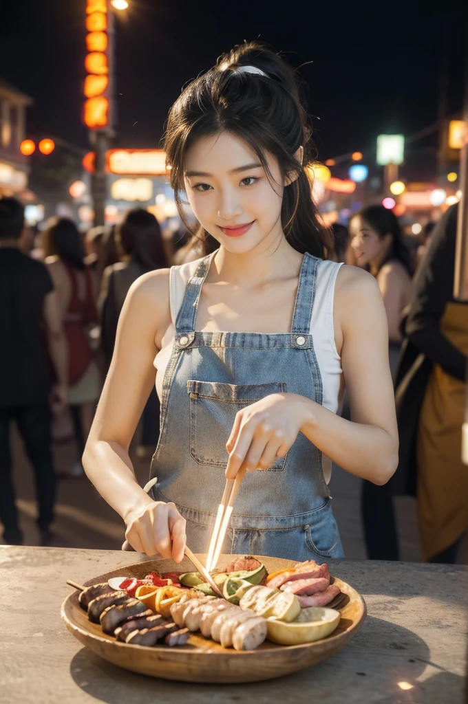(((best quality))),(((ultra detailed))),(((masterpiece))),illustration,1girl,summer night,metropolis,barbecue joint,beautiful girl,humble,vibrant energy,city that never sleeps,beautiful,casual ponytail,checked apron,sleeveless top,slender figure,lightweight,practicality,style,sizzling hot grill,smooth,tanned skin,soft glow,delicate hands,skillfully,skewers,meat,intense concentration,bright eyes,alert,passion for work,atmosphere,vibrant,dynamic,laughter,conversation,sizzle,crackle,aromatic scent,tinged,radiant smile,genuine enjoyment,easy manner,warm presence,community,dedication,beauty in simplicity,midst of bustling city streets,midnight