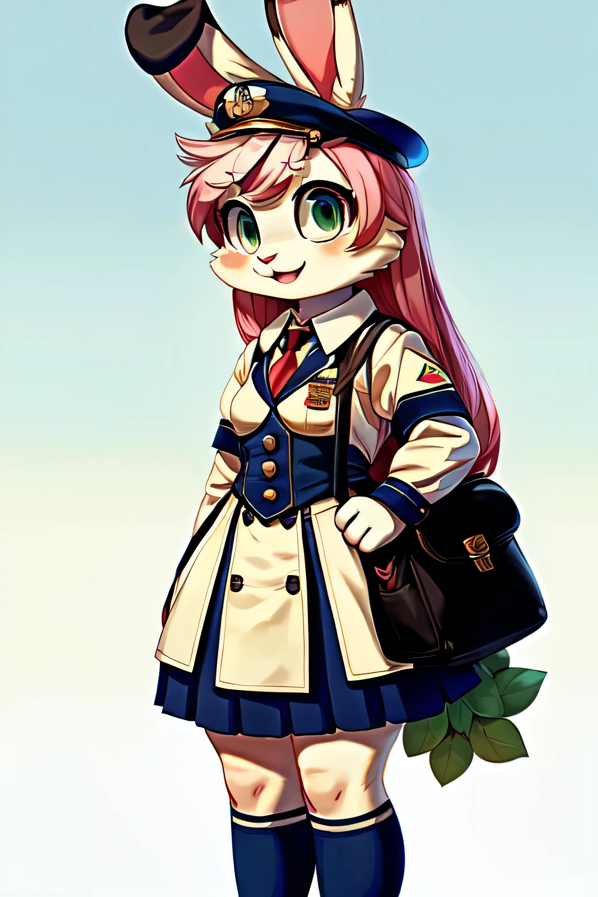 ((best quality)), ((masterpiece)), (detailed), 1girl, young, shortstack, rabbit, bunny, young, , small breasts, big hips, wide hips, long hair, pink hair, green eyes, white fur, white body, dressed, , uniform, school, detailed style, simple background