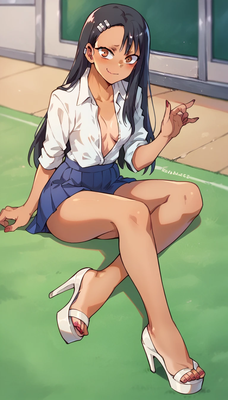 Hayase Nagatoro, White unbuttoned shirt, blue pleated skirt, clear open-toe platform high heels, red nails