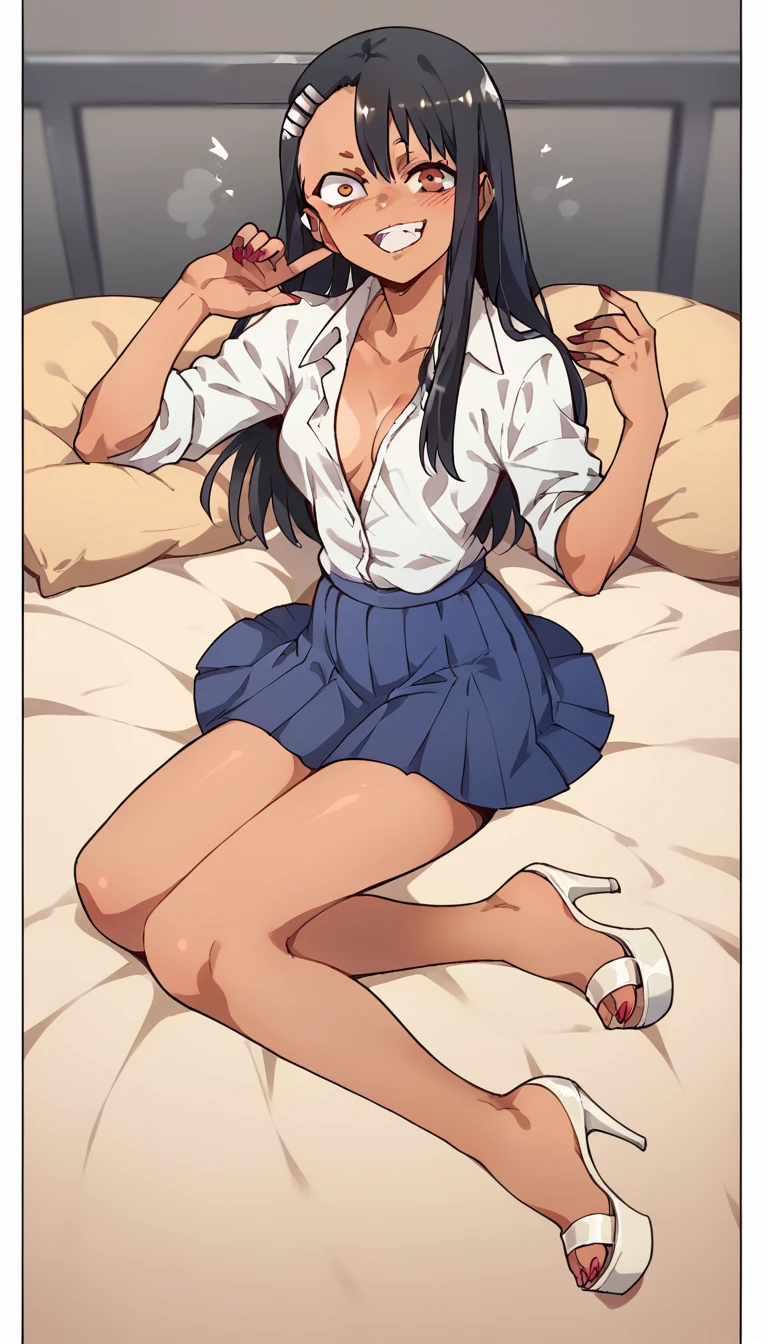 Hayase Nagatoro, White unbuttoned shirt, blue pleated skirt, clear open-toe platform high heels, red nails 