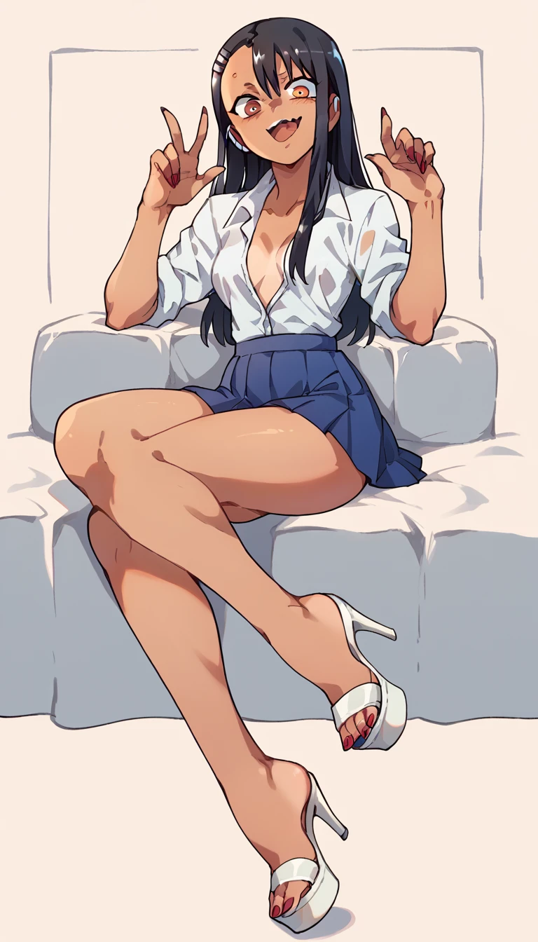 Hayase Nagatoro, White unbuttoned shirt, blue pleated skirt, clear open-toe platform high heels, red nails 