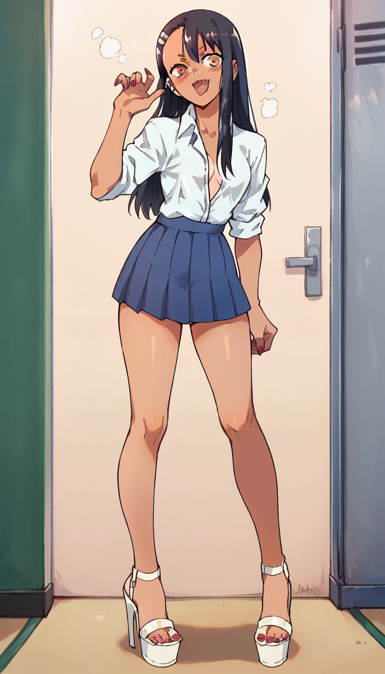 Hayase Nagatoro, White unbuttoned shirt, blue pleated skirt, clear open-toe platform high heels, red nails 